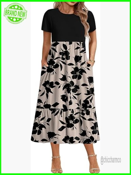 Dresses & Skirts - Plus Size Short Sleeve Maxi Dress with Pockets Tiered Flowy